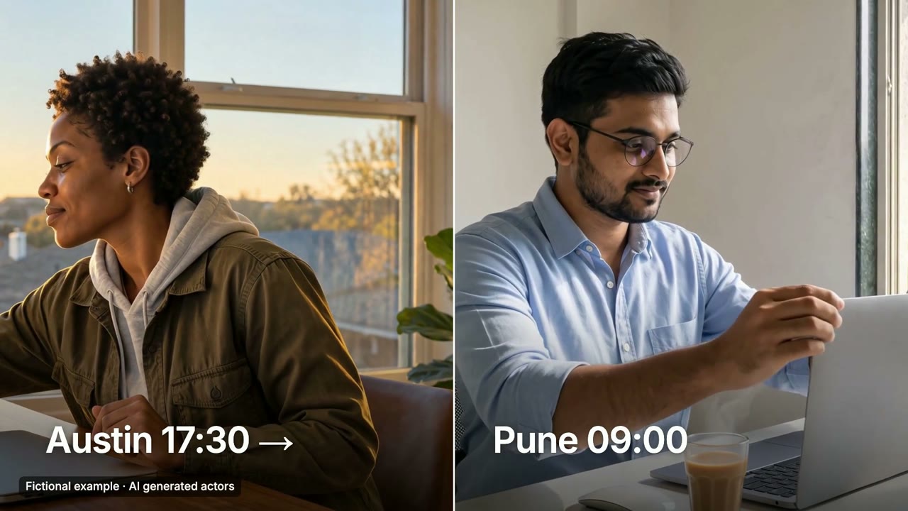 Dana logs off in Austin at 17:30 as Arjun starts in Pune at 09:00